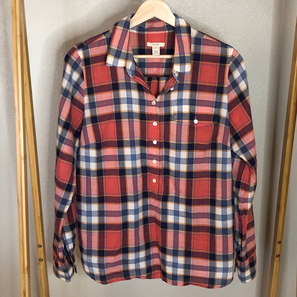 J.Crew Salmon/Blue Plaid Top